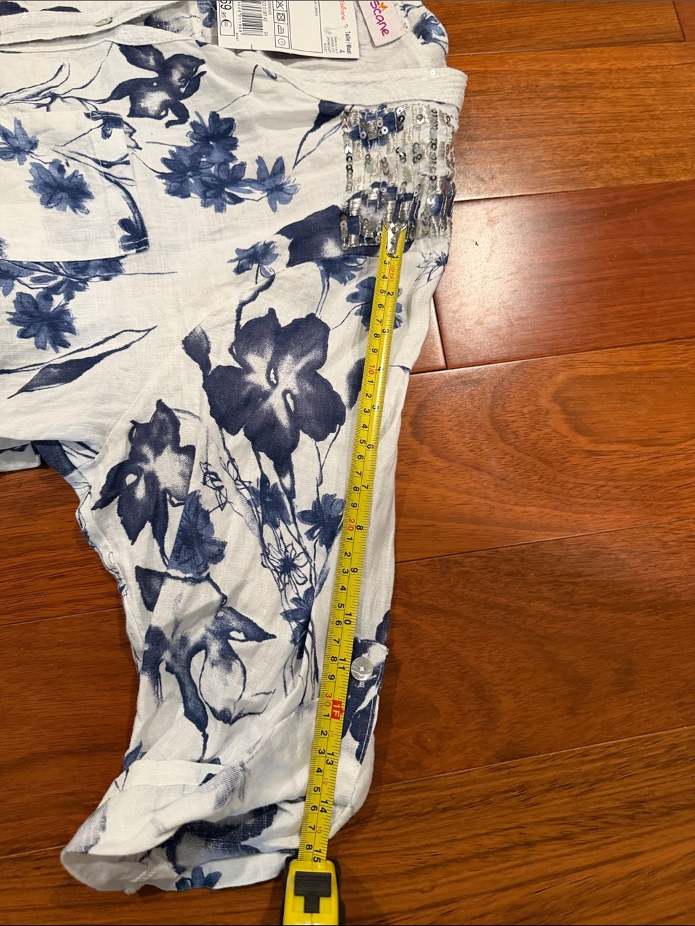 Toscane White Linen Button-Up Blouse with Navy Floral Print 100% Linen - Picture 7 of 7